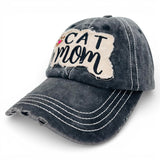 "Cat Mom" DISTRESSED BASEBALL CAP WHOLESALE BY DOZEN(12PCS)