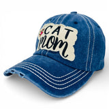 "Cat Mom" DISTRESSED BASEBALL CAP WHOLESALE BY DOZEN(12PCS)