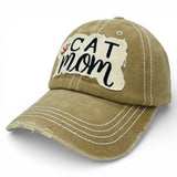 "Cat Mom" DISTRESSED BASEBALL CAP WHOLESALE BY DOZEN(12PCS)
