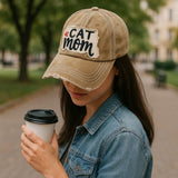 "Cat Mom" DISTRESSED BASEBALL CAP WHOLESALE BY DOZEN(12PCS)
