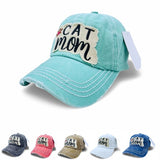 "Cat Mom" DISTRESSED BASEBALL CAP WHOLESALE BY DOZEN(12PCS)