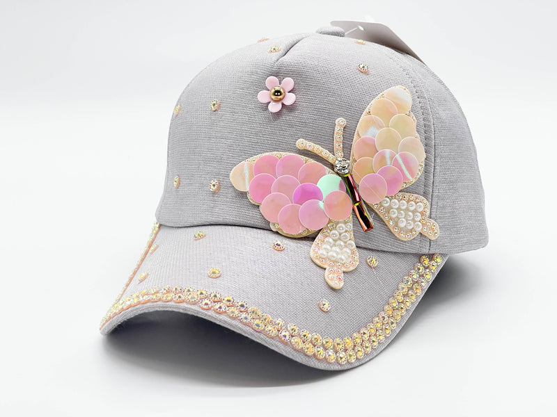 "PINK BUTTERFLY"BLING STONE BASEBALL CAP WHOLESALE BY DOZEN(12PCS)