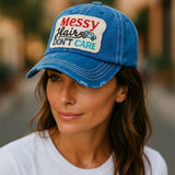 "Messy Hair Don't Care" DISTRESSED BASEBALL CAP WHOLESALE BY DOZEN(12PCS)