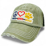 "Peace Love Dog" DISTRESSED BASEBALL CAP WHOLESALE BY DOZEN(12PCS)