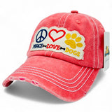 "Peace Love Dog" DISTRESSED BASEBALL CAP WHOLESALE BY DOZEN(12PCS)
