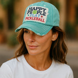 "Happy People Play Pickleball" DISTRESSED BASEBALL CAP WHOLESALE BY DOZEN(12PCS)